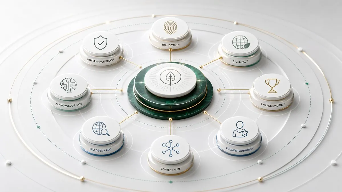 Brand Story Ecosystem map connecting governance, ESG, awards, founder authority, content hubs and AI knowledge base