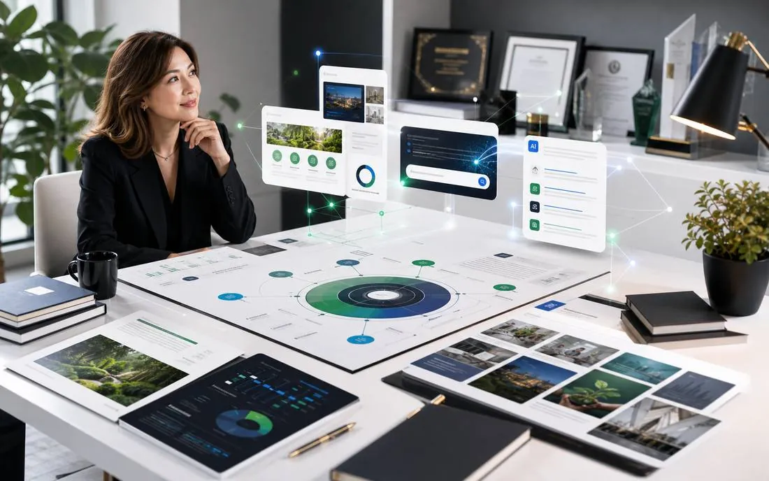 Brand Story Ecosystem strategy desk with ESG, awards, content and AI visibility assets