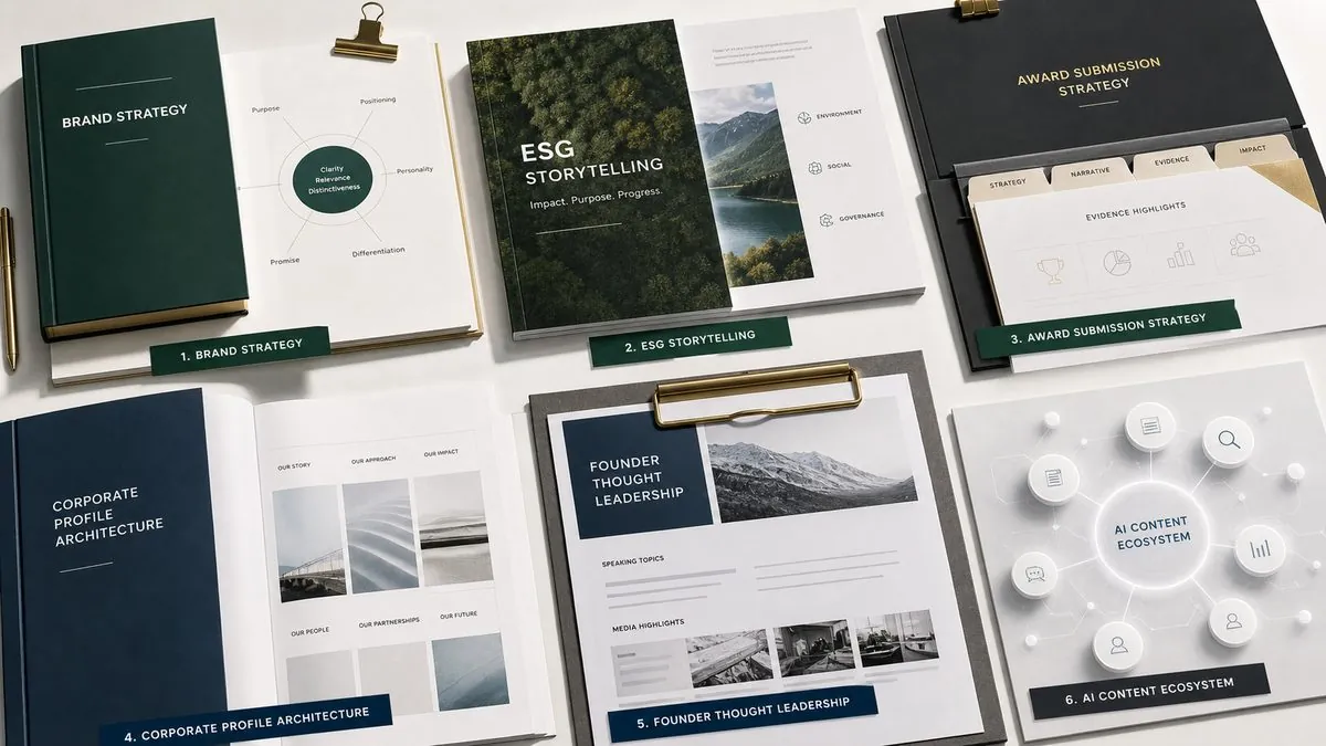 Stoorylogy service pillars including brand strategy, ESG, awards, founder branding and AI content systems