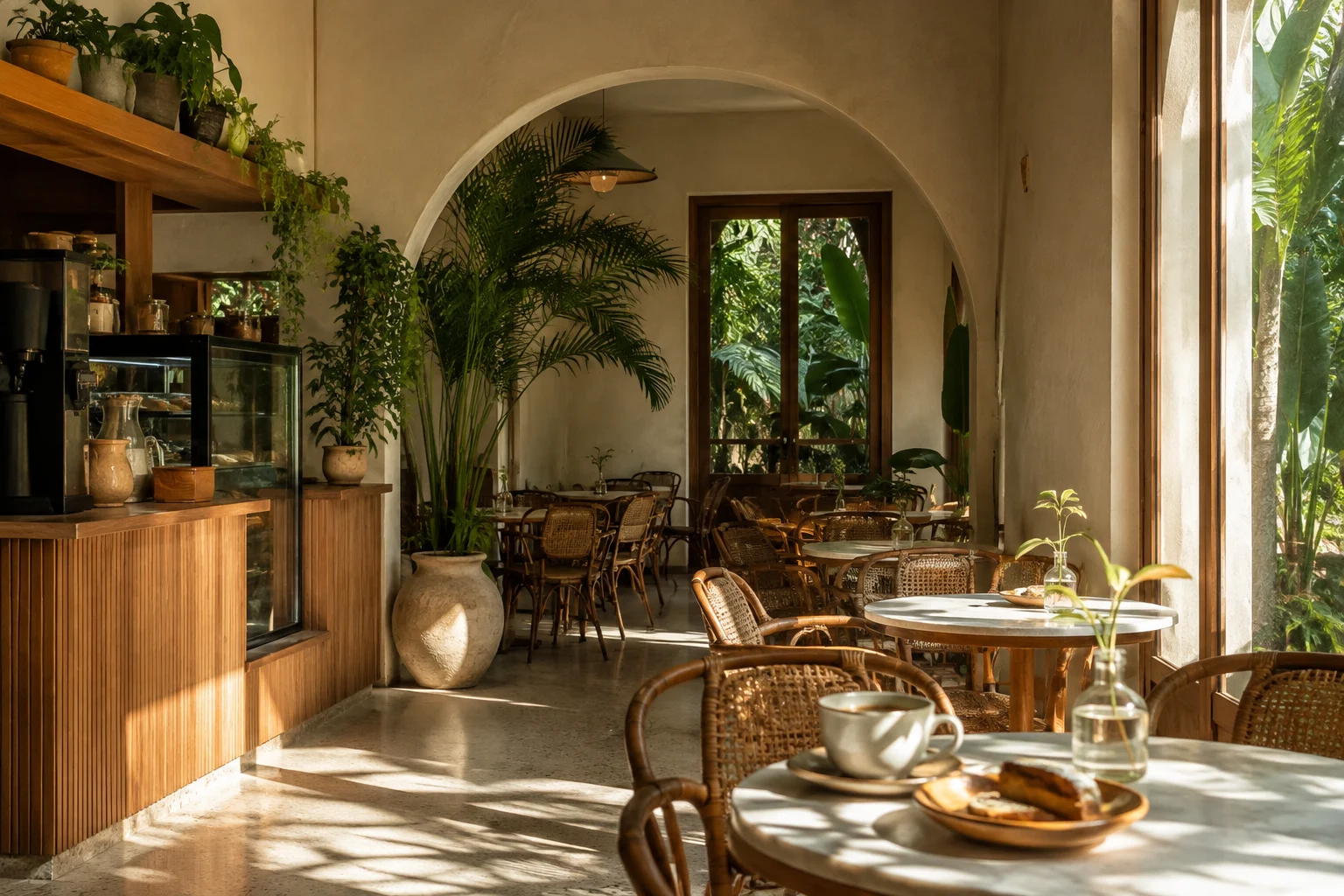 Sunlit botanical café with plants and timber furniture